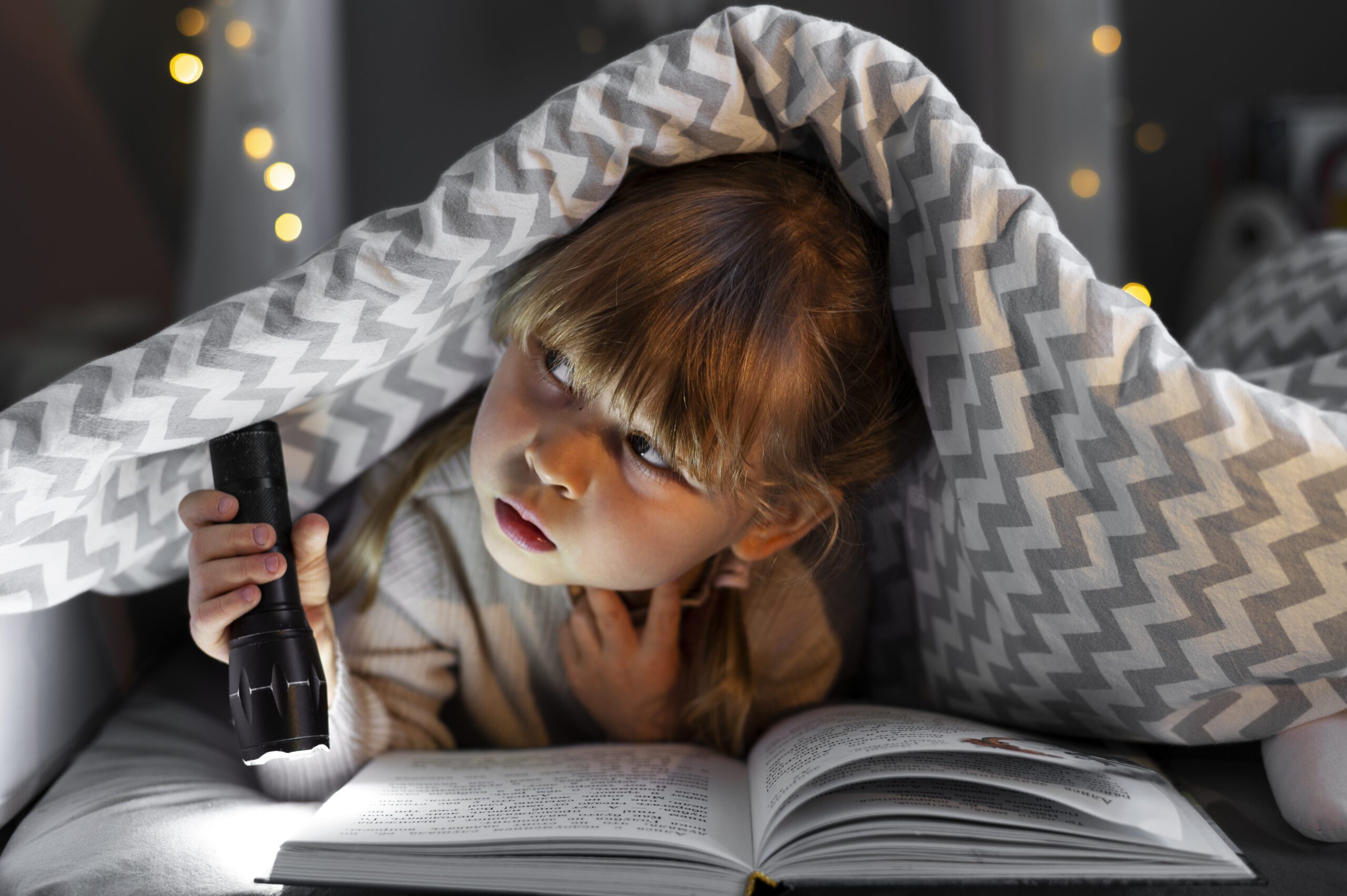 menina lendo debaixo das cobertas com uma lanterna